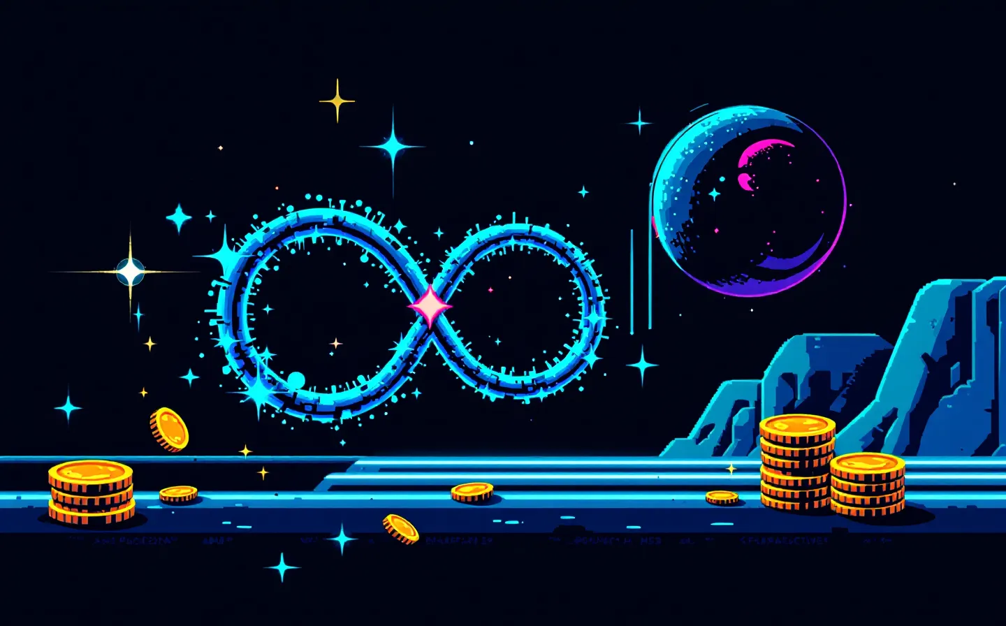 A pixel-art neon sprite of an abstract NAD+ coenzyme beside a segmented pixel power-bar whose left cells glow cyan and fade to dim navy on the right, on a deep navy CRT ground
