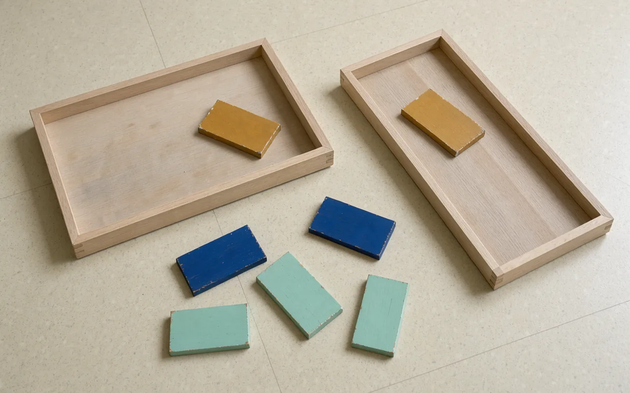 A few coloured wooden blocks lie beside two open wooden trays with differently shaped openings.